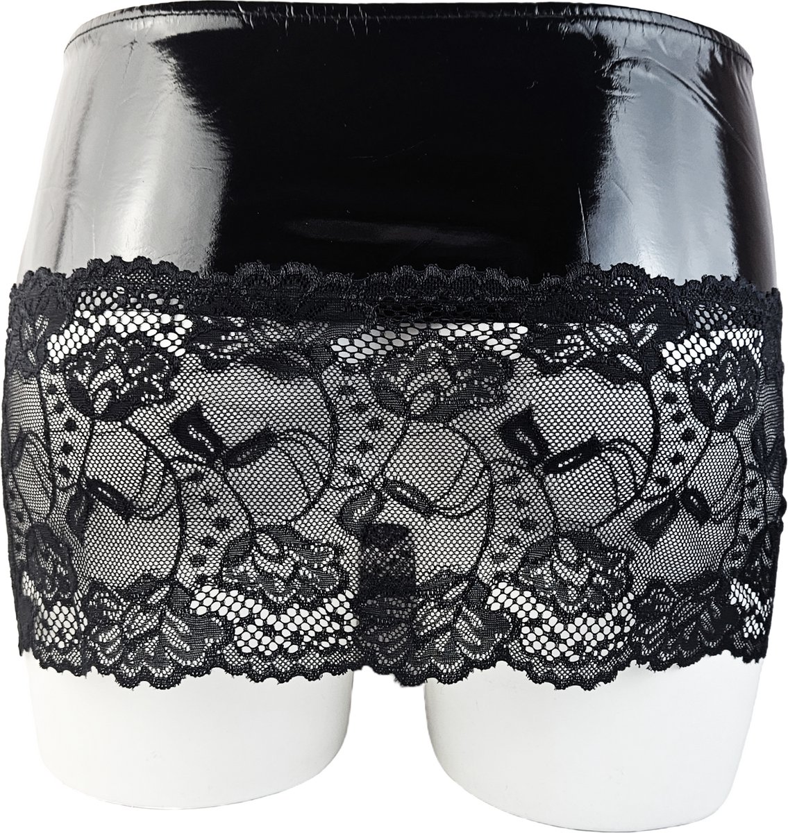 BamBella® - Datex mini Rok -   zwart met kant Rollenspel sm dames sexy Glans kleding mix van Latex en stof