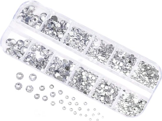 BamBella® Zilver - Steentjes in doos - Rhinestones set tools set steentjes plak glitter steen doosje Nail art knutselen naaien