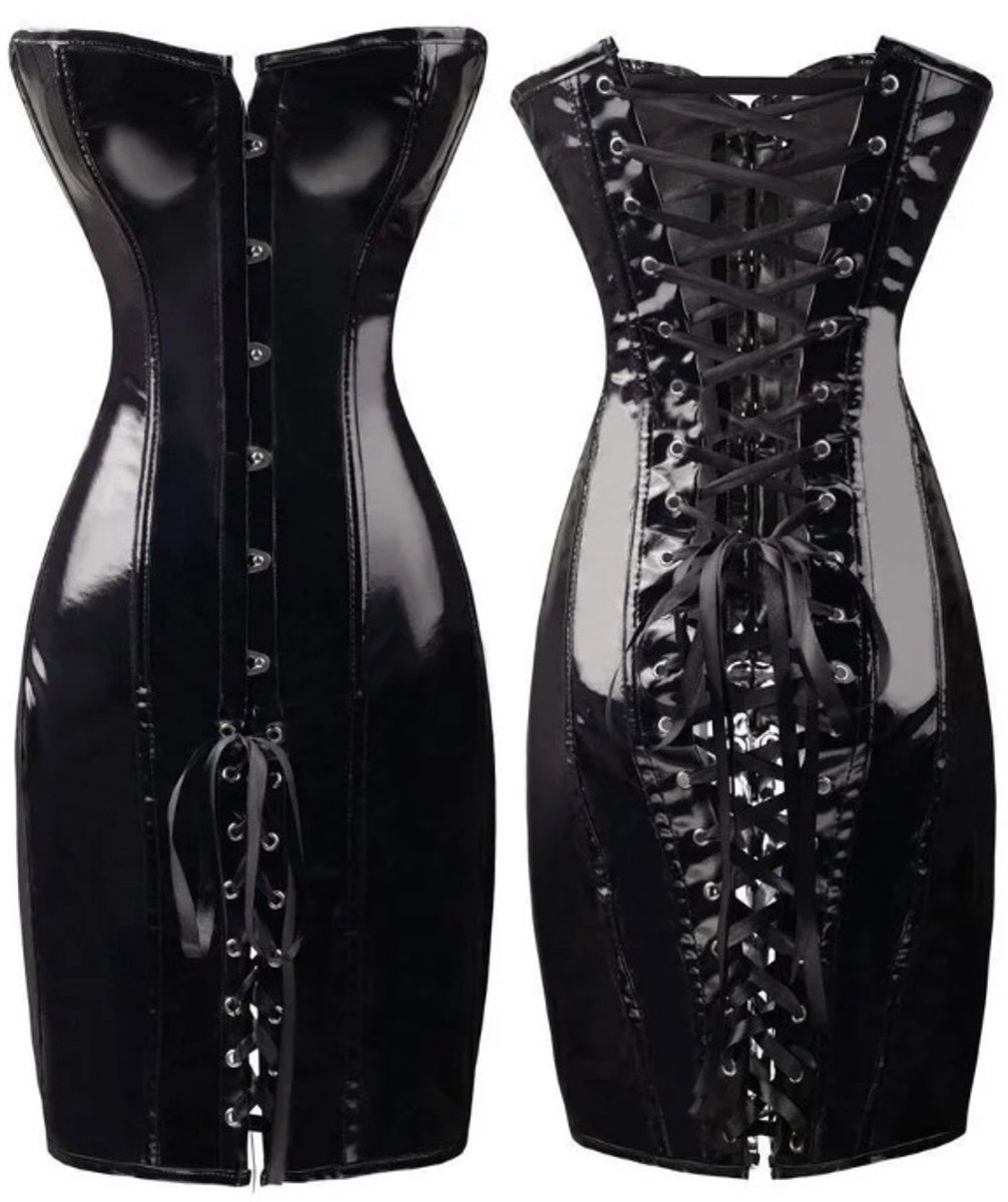 BamBella® - Erotische Jurk-  met vetersluiting Zwart Rollenspel sm dames sexy Glans kleding mix van Latex en stof Datex