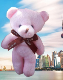 Roze beer knuffel knuffeltje 12cm Schattige fluffy kawaii speelgoed kinderen meisje babyroze poppetje strikje Love lint
