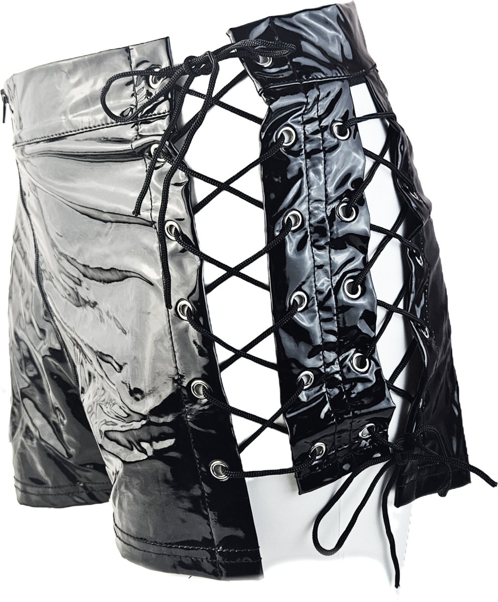 BamBella® Korte broek   Wetlook short Dames - Roze Datex mix latex en stof ondergoed kleding met vetersluiting