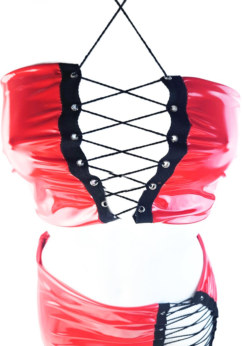 BamBella® Rok en top- Rood Sexy Set van Datex (Mix latex en stof ) Erotische dames kleding set kostuum Rok Lak glans shiny paal dans pak sexy kleding dames