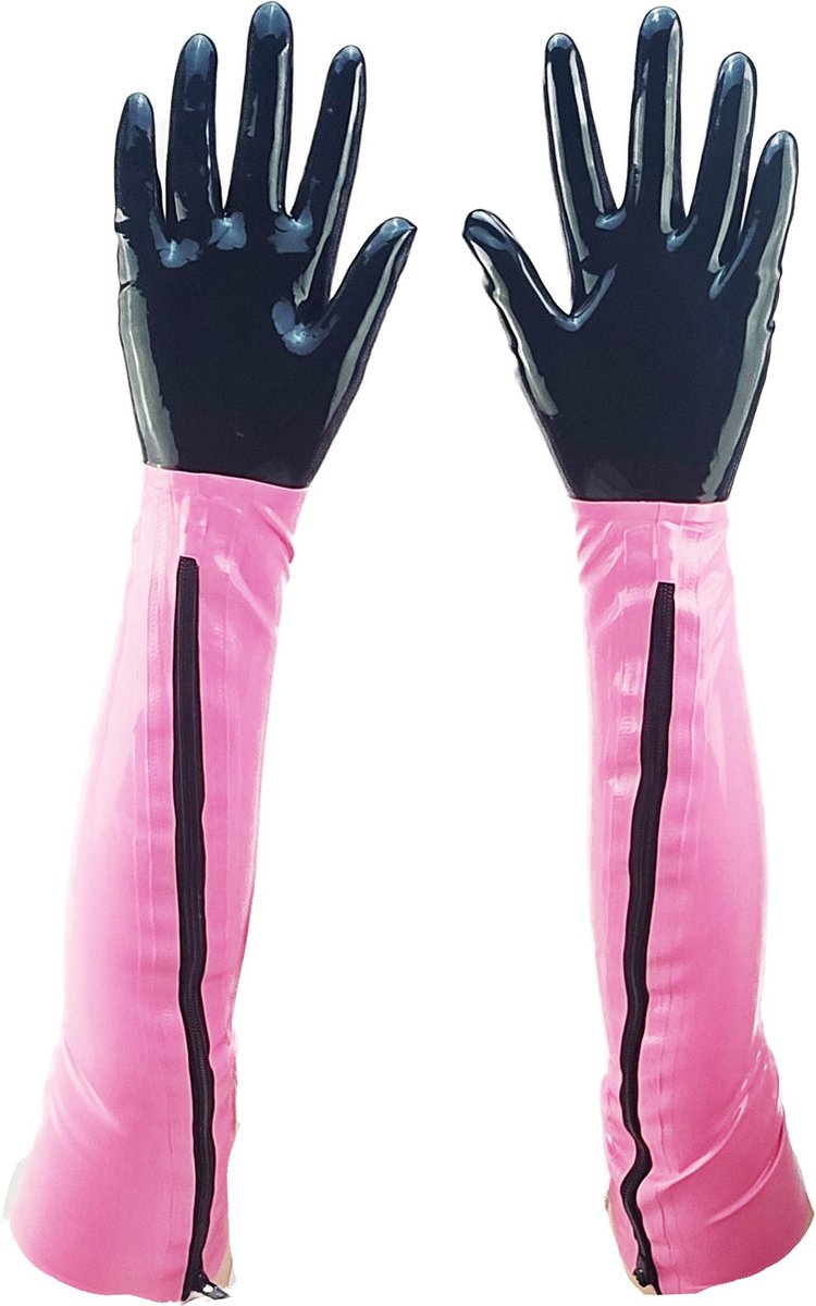 BNDGx® - 100% LATEX Handschoenen Lang Zwart roze BDSM SM sexy glans handschoen met rits BDSM Rubber Fetish SM rollenspel kleding