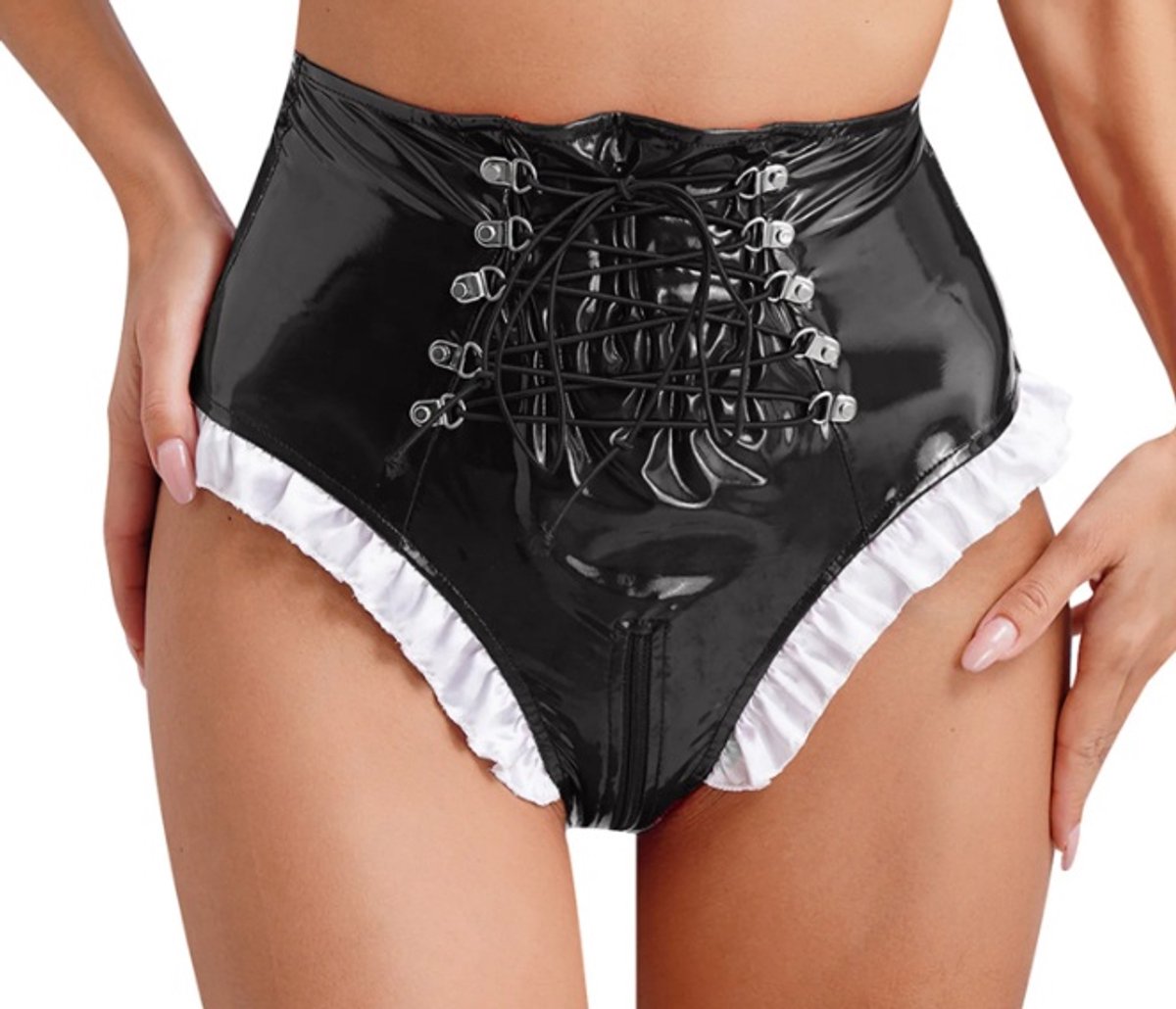 BamBella® Slip Onderbroek -  Erotische Sexy BDSM Lingerie Dames - Zwart rits ondergoed Datex mix latex en stof wetlook open kruis