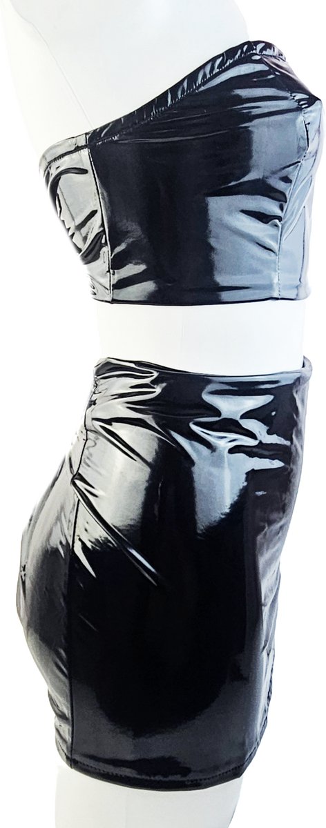 BamBella® Kleding set -   Zwart Wetlook korte rok crop top Dames - Zwart Datex mix latex en stof Sexy 2 delig minirok kleding