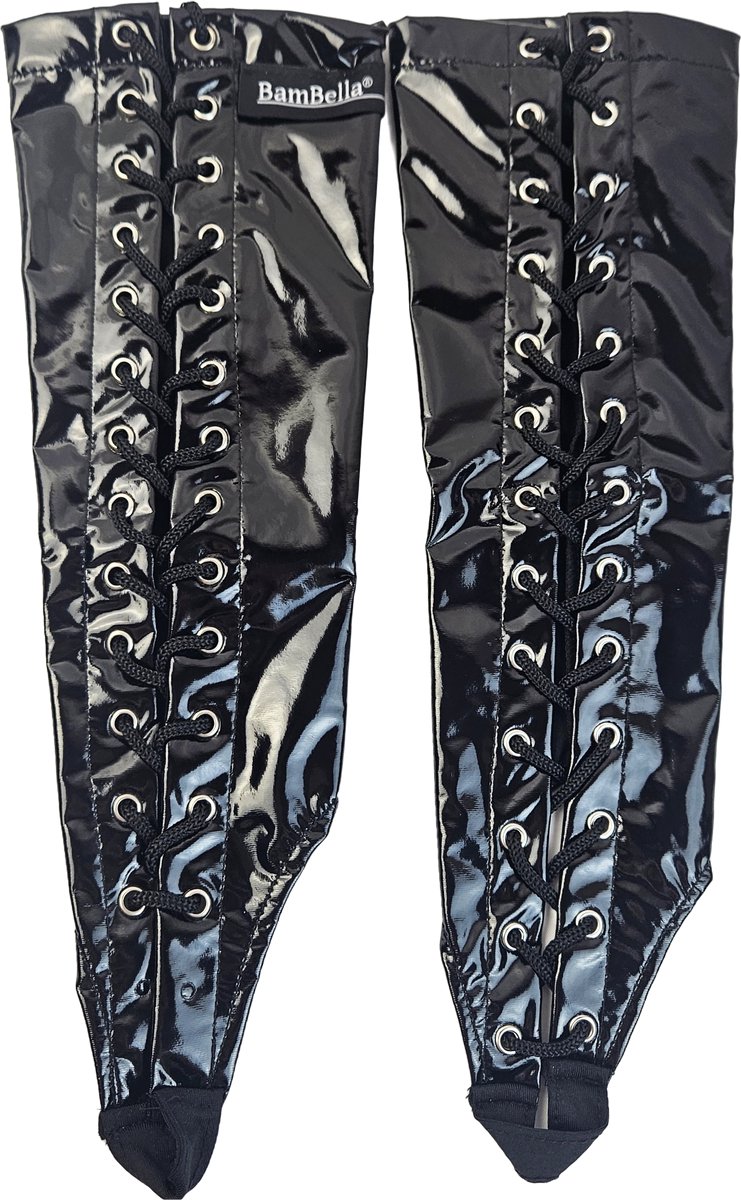 BamBella ® Handschoenen - Maat onesize - Datex (Mix latex en stof ) Sexy Zwart Glans lak vetersluiting