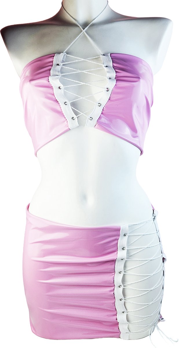 BamBella® Rok en top- Rood Sexy Set van Datex (Mix latex en stof ) Erotische dames kleding set kostuum Rok Lak glans shiny paal dans pak sexy kleding dames