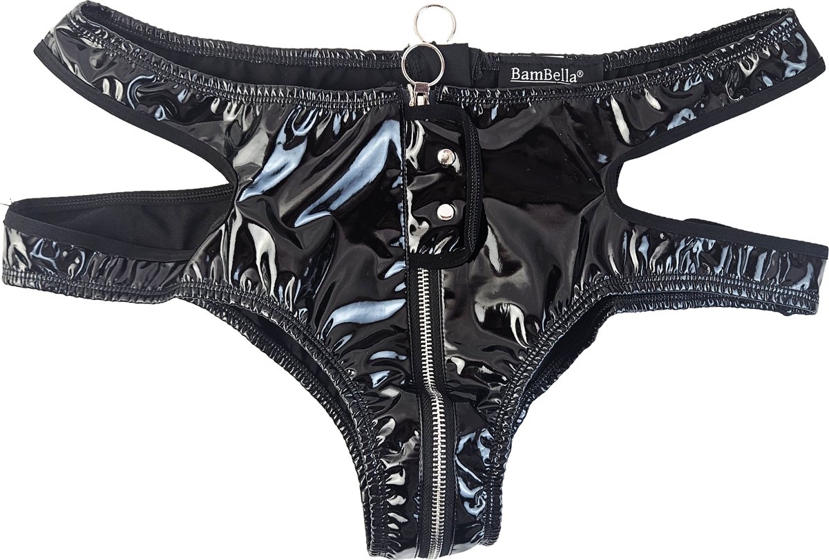 BamBella® Slip Onderbroek   Erotische Sexy SM BDSM Lingerie Danes - Zwart ondergoed Datex mix latex en stof wetlook met rits open kruis