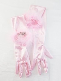 BamBella® - Handschoen feest Lang Roze met dons veren rand- dames - One Size