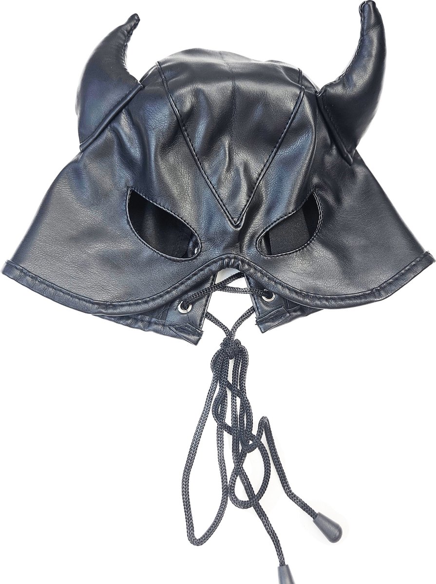 BNDGx® - BDSM Duivel seks Masker - Nep leer stof - Vetersluiting Zwart met hoorns