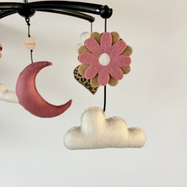 Boxmobiel wolk/hartje/bloem/maan (Leopard beige/oudroze/crème)