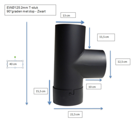 EW/125 2mm T-stuk 90 graden met dop Zwart