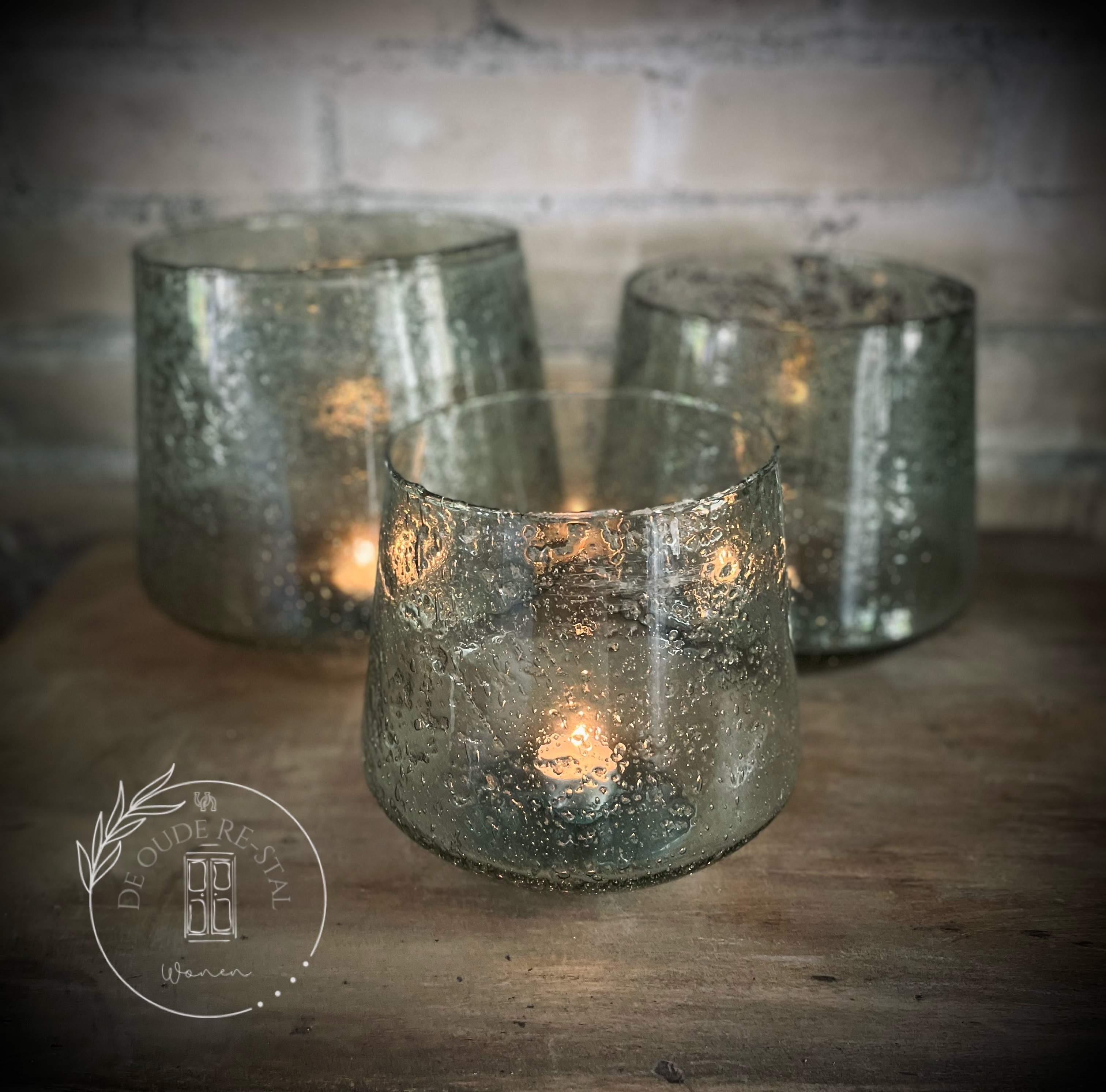 Set van drie windlichten bubbelglas transparant S,M en L