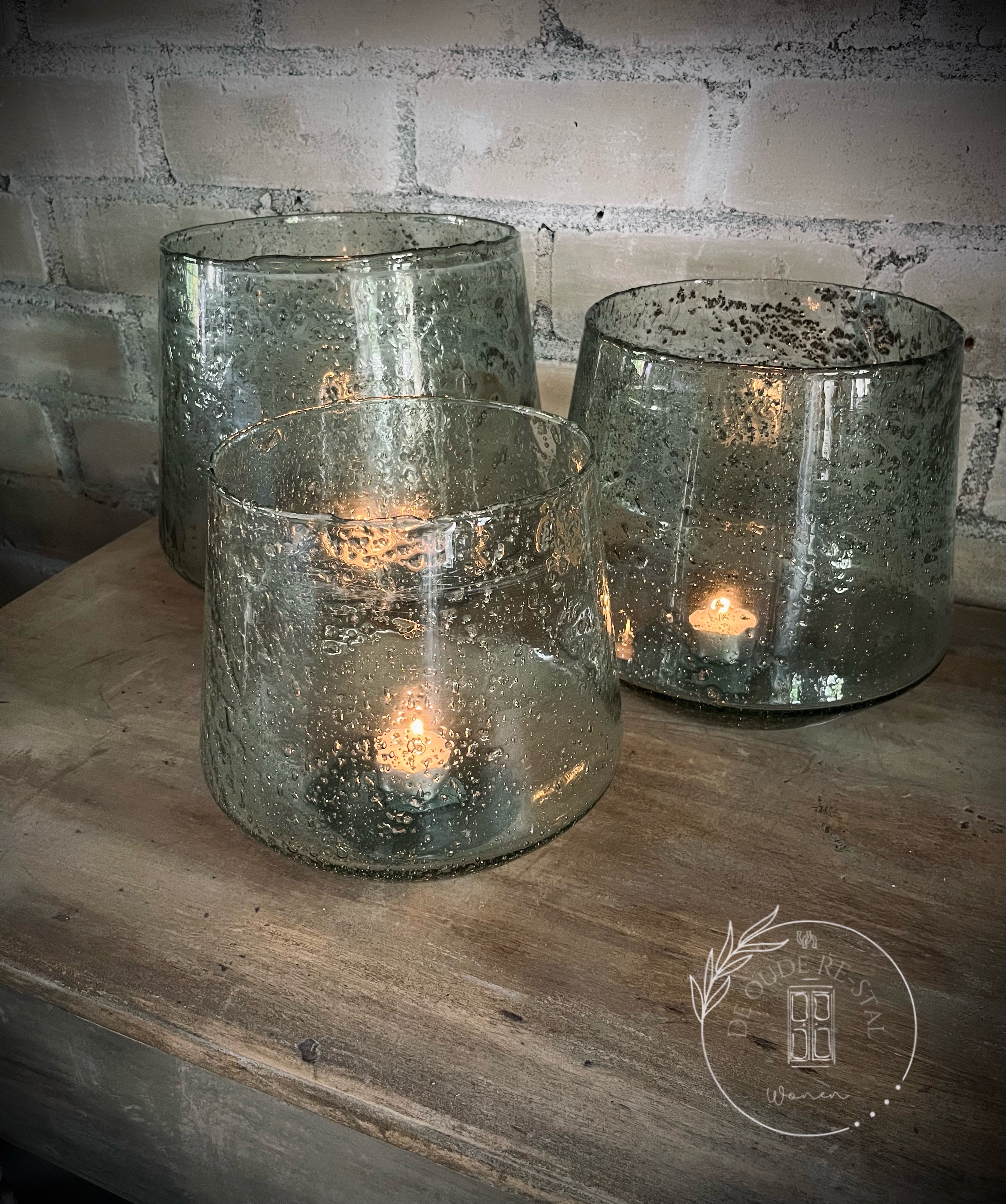 Set van drie windlichten bubbelglas transparant S,M en L