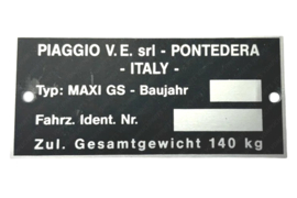 Typeplaatje Frame PIAGGIO V.E. srl - PONTEDERA - ITALY - Puch Maxi GS