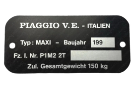 Typenschild Rahmen PIAGGIO V.E. - ITALIEN - Fz l. Nr. P1M2 2T Puch Maxi
