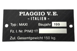 Typeplaatje Frame PIAGGIO V.E. - ITALIEN - Fz l. Nr. P1M2 1T Puch Maxi