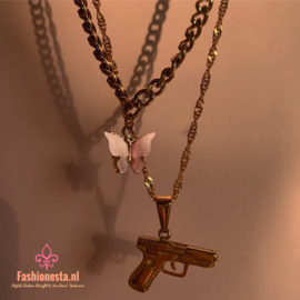 3-Layer Necklace "Gun & Butterfly's"