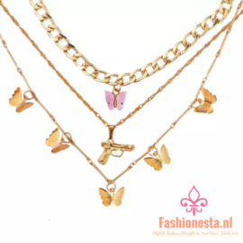 3-Layer Necklace "Gun & Butterfly's"