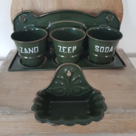 Vintage emaille zand, zeep & soda rek - donkergroen met gouden bies