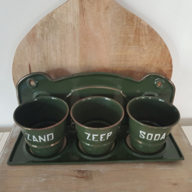 Vintage emaille zand, zeep & soda rek - donkergroen met gouden bies