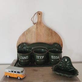 Vintage emaille zand, zeep & soda rek - donkergroen met gouden bies