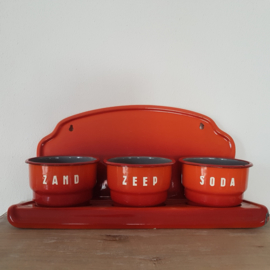 Vintage emaille zand, zeep & soda rek - oranje/grijs