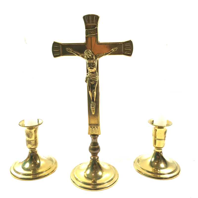 Brass crucifix and 2 candle holders with candles