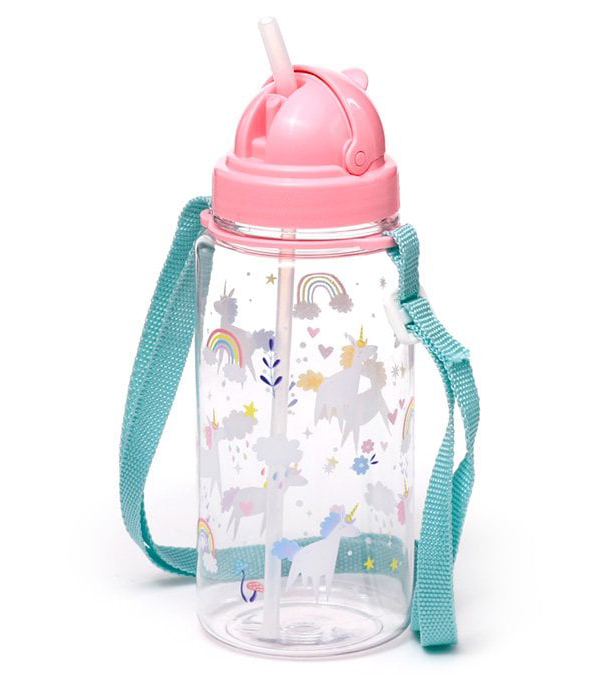 Drinkfles met draagkoord eenhoorn blauw roze