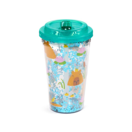 Dubbelwandige glitter drinkfles capybara blauw