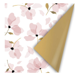 Inpakpapier wit met roze/zwarte/gouden bloemen (dubbelzijdig te gebruiken)