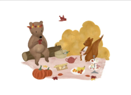 Ansichtkaart beer en eekhoorn aan het picknicken