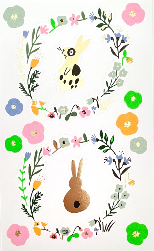 Stickervel bloemenkrans konijntje