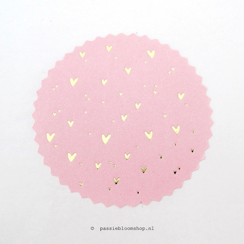 Sluitsticker rond roze met gouden hartjes  (10 stuks)