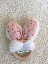 Teether ears - White Teddy - pink with stars