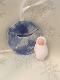 Christmas pendant round fairytale felt blue with white doll