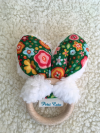 Teether ears - White Teddy - green flowers