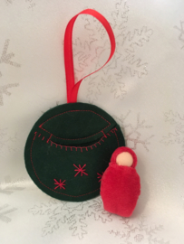 Christmas pendant round green with red doll