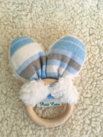 Teether ears - White Teddy - blue/grey stripes
