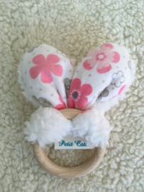 Teether ears - White Teddy - pink/grey flowers