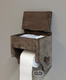 Oud houten toiletrol houder met klep