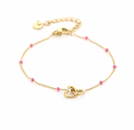 Bracelet double heart gold/fuchsia