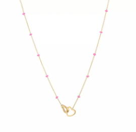 Necklace double heart gold/fuchsia