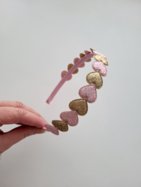 Roze diadeem met roze + gouden hartjes