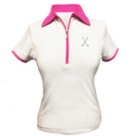Dames golfpolo "Titania" wit met roze kraag - design Golfclubs