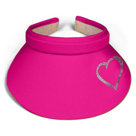 Dames zonneklep / visor "Titania" fuchsia roze - design hartje van Rhinestones kristallen