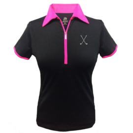 Damen Golfpolo "Titania" Schwartz mit Roza Kragen - design Golfschläger