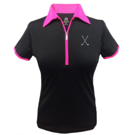 Dames golfpolo "Titania" zwart met roze kraag – design Golfclubs