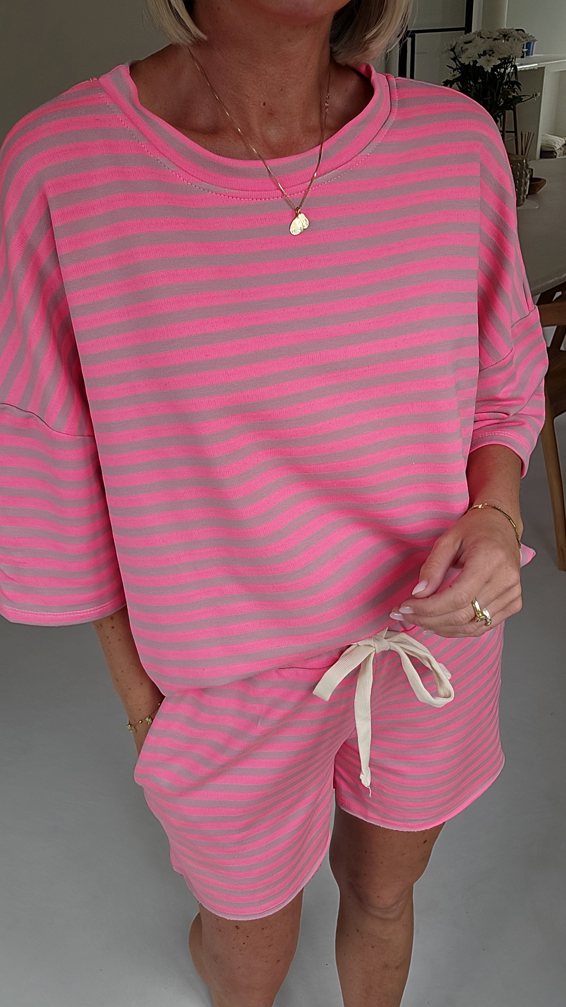 SOENI striped sweatshirt set neon pink taupe