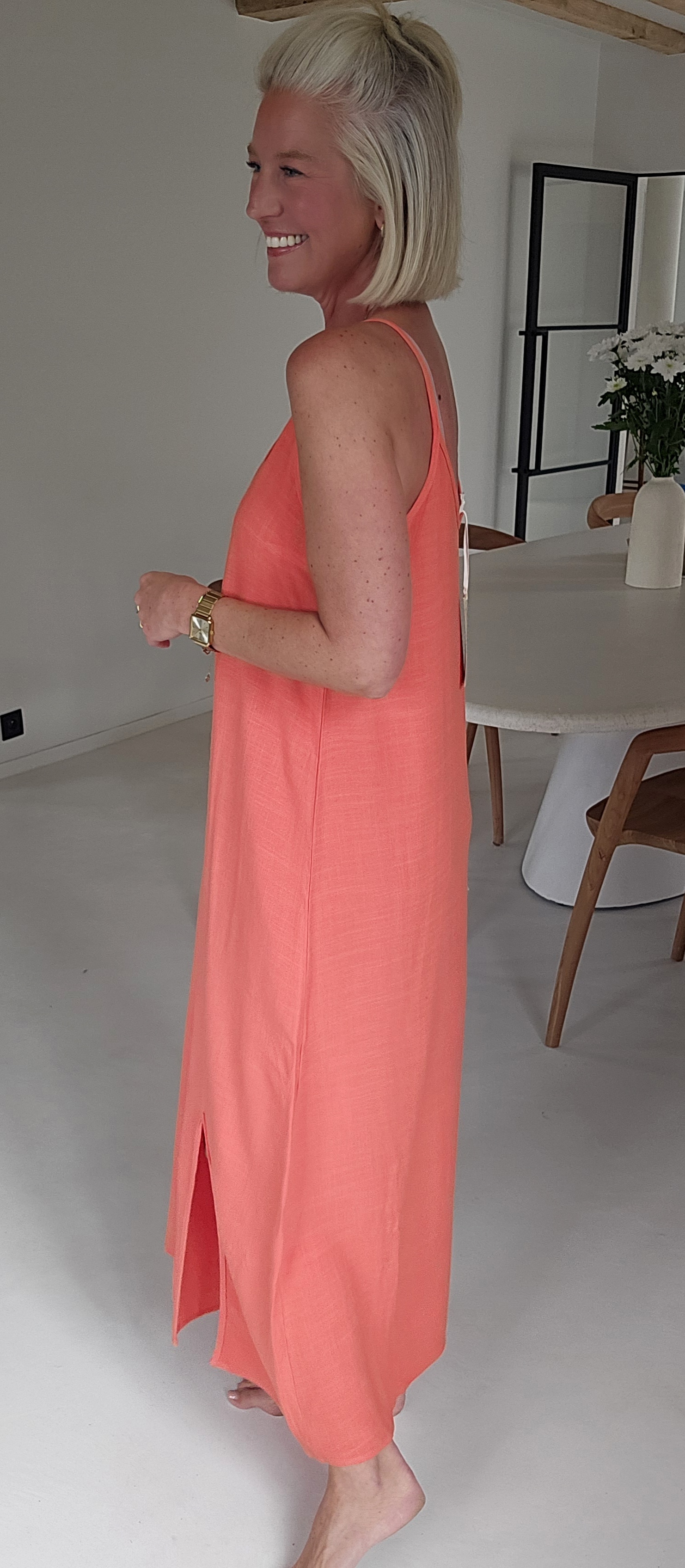 ROMINE maxi viscose linen dress coral